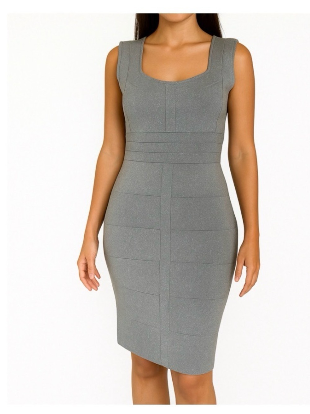 Laundry By Shelli Segal Sleeveless Gray Midi Sheath Dress SZ LG STRETCH